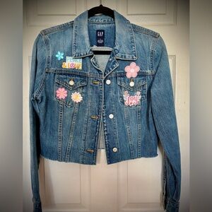 Women’s GAP Up-Cycled Blue Denim Jacket with Pink Floral & Patch Accents